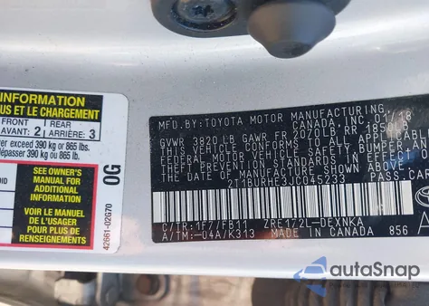 2018 Toyota Corolla Le from USA, damaged, VIN 2T1BURHE3JC045233